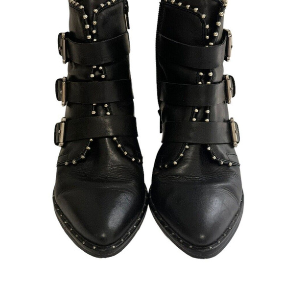 Steve Madden Humble Moto Boot Sz 7.5M Black Leather Buckle Studs Pointed Toe - Picture 2 of 7